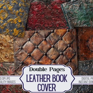 Könnte beinhalten: Eine digitale Collage aus verschiedenen Ledertexturen, darunter geprägte Blumenmuster, gestepptes Leder und ein Used-Look. Der Text "Double Pages Leather Book Cover" ist über das Bild gelegt.
