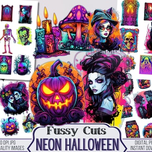 Neon Halloween Junk Journal Digital Fussy Cut Kit, Printable Clip Art, Scrapbooking Supplies, Autumn Fussy Cut