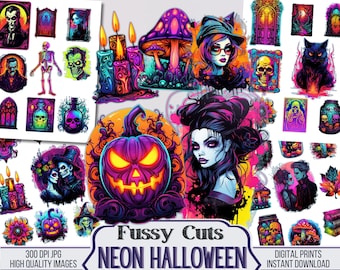 May include: A set of digital printable images featuring neon Halloween designs. The images include a witch, a pumpkin, a skull, a cat, and other spooky elements. The images are perfect for creating Halloween decorations, party invitations, or other crafts.