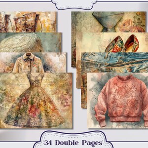 Pu&ograve; includere: Illustrazioni ad acquerello di articoli di moda vintage, tra cui stivali, un cappotto, un vestito, jeans e un maglione. Le immagini hanno un aspetto invecchiato e antico con dettagli floreali e testurizzati. Il testo "34 Double Pages" &egrave; visibile.