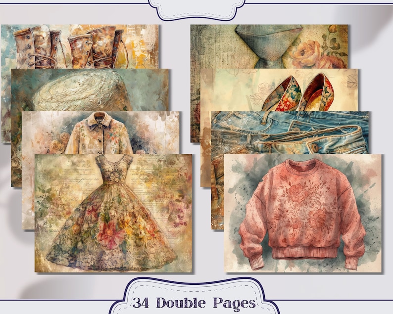 Pu&ograve; includere: Illustrazioni ad acquerello di articoli di moda vintage, tra cui stivali, un cappotto, un vestito, jeans e un maglione. Le immagini hanno un aspetto invecchiato e antico con dettagli floreali e testurizzati. Il testo "34 Double Pages" &egrave; visibile.