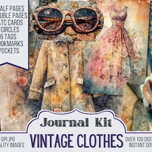 Pu&ograve; includere: Un collage digitale a tema vintage, con illustrazioni di abbigliamento, tra cui un vestito, occhiali da sole, un cappotto e scarpe. Il testo "Journal Kit Vintage Clothes" &egrave; presente, insieme ai dettagli del kit: 40 mezze pagine, 34 pagine doppie, 16 carte ATC, 11 cerchi, 26 tag, 4 segnalibri e 2 tasche.