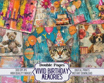 Może przedstawiać: Cyfrowy kolaż kolorowych obrazów z motywem urodzinowym. Kolaż zawiera kota, pluszowego misia, psa, balony, świece i tort. Tekst "Double Pages Vivid Birthday Memories" znajduje się w białym polu z czarną ramką.