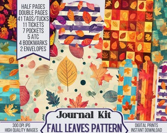 Fall Leaves Pattern Junk Journal Kit Ephemera, ATC, Tags, Pocket, Scrapbook Supply, Autumn Pages, Over 100 Digital Items, 86 Journal Pages