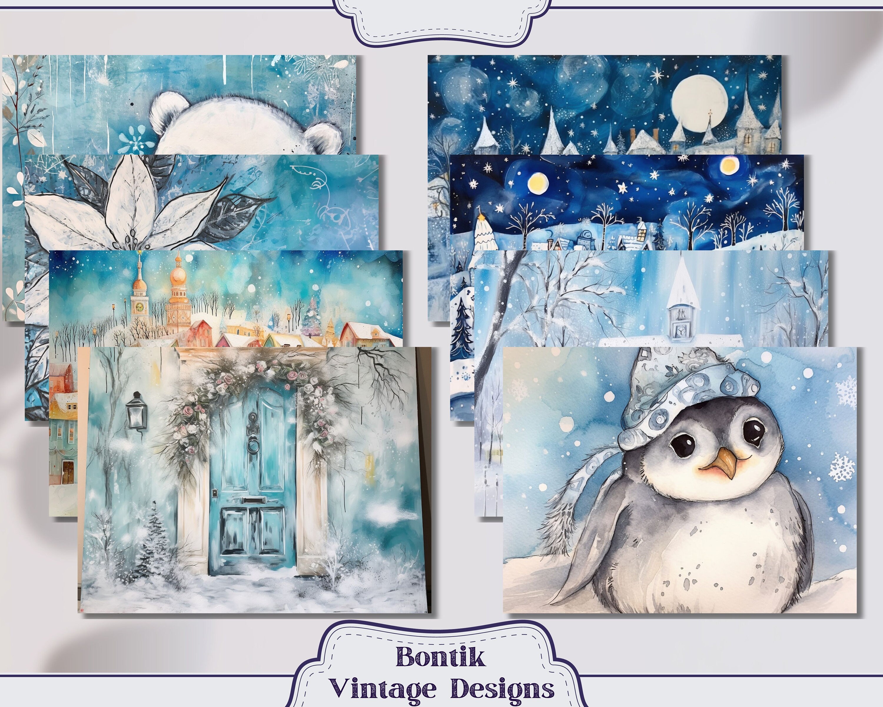 Blue Winter Vintage Junk Journal Double Papers, Scrapbook Supply - 46 ...
