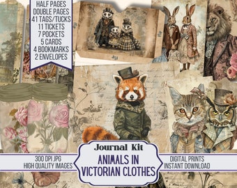 Animals in Victorian Clothes Junk Journal Kit Ephemera, ATC, Tags, Pocket, Journal Scrapbook Supply, Over 100 Digital Printable Items