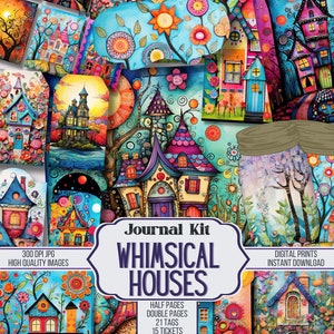 May include: A digital download journal kit featuring whimsical houses with colorful details. The kit includes half pages, double pages, tags, tickets, ATC cards, circles, pockets, and bookmarks.  The text "Journal Kit Whimsical Houses" is in the center of the image.