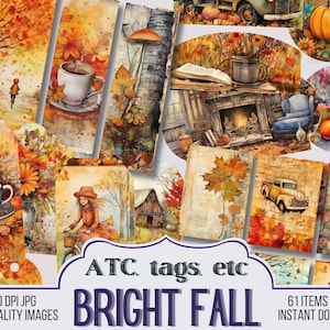 May include: A digital collage of 61 images featuring autumnal themes. The images include a girl riding a bicycle, a farmhouse, a fireplace, a book, a cup of coffee, a pumpkin, and fall leaves. The text "ATC, tags, etc BRIGHT FALL" is displayed in the center of the collage.