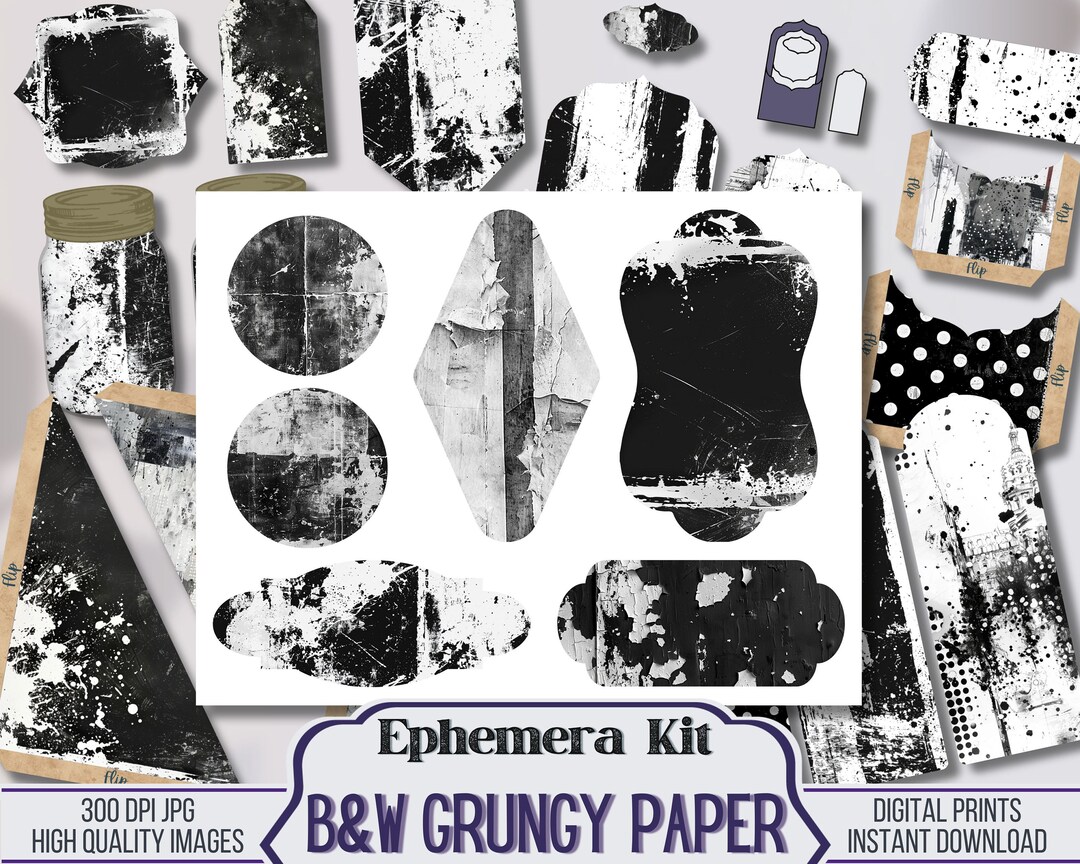 Black and White Grungy Paper Junk Journal Ephemera, ATC Cards, Tags ...