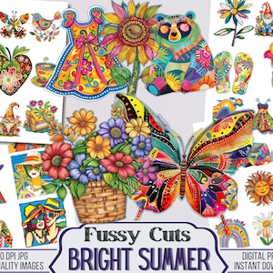 Kit de recortes digitales Bright Summer Junk Journal, clip art imprimible, suministros para álbumes de recortes, clipart vibrante PNG