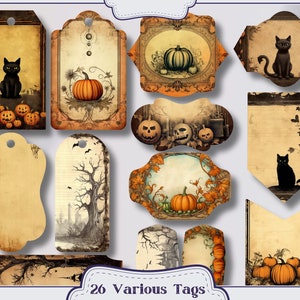 May include: A set of 26 vintage-style Halloween gift tags featuring black cats, pumpkins, and spooky designs. The tags are printed on textured paper with a distressed look.