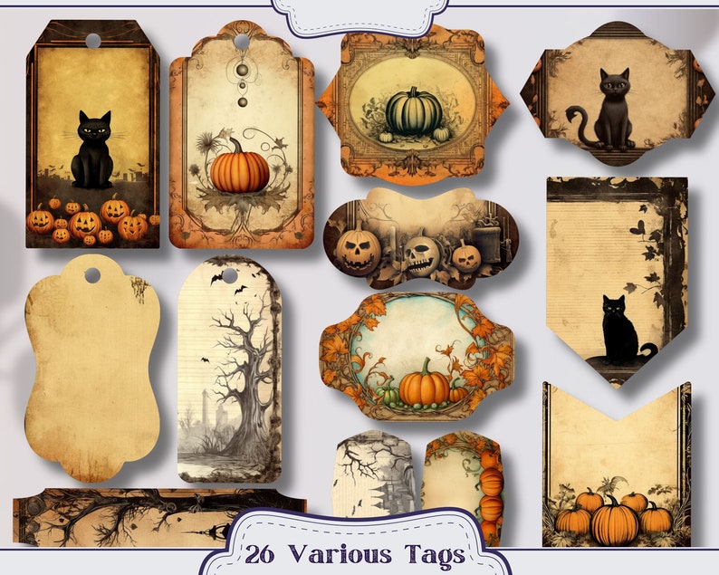May include: A set of 26 vintage-style Halloween gift tags featuring black cats, pumpkins, and spooky designs. The tags are printed on textured paper with a distressed look.