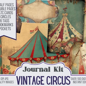 Vintage Circus Paper Journal Kit Ephemera, ATC, Tags, Pocket, Scrapbook Supply, Over 100 Digital Items, 66 Journal Pages