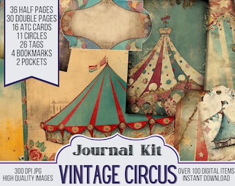 Kit di diario di carta da circo vintage Ephemera, ATC, etichette, tascabile, fornitura per album, oltre 100 articoli digitali, 66 pagine di diario