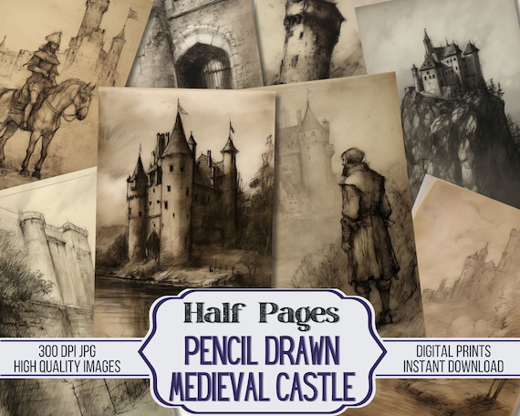 Pencil Drawn Medieval Castle Junk Journal Half Papers - 20 Printable Stamperia Paper, Scrapbook Supplies, Digital Download