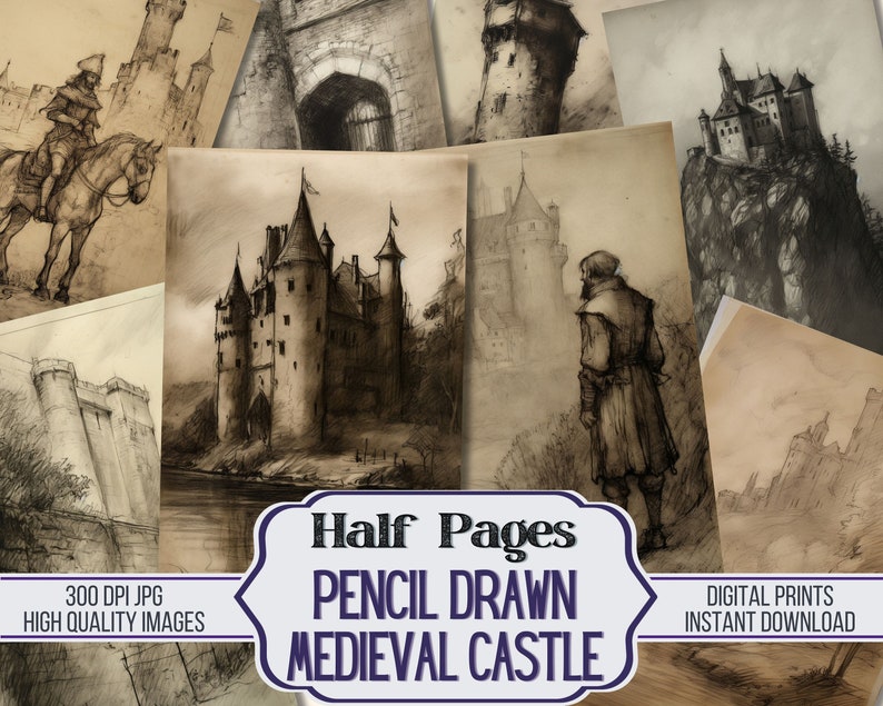 May include: A set of eight digital printable images featuring pencil drawings of medieval castles. The images are in black and white and have a vintage, parchment-like background. The text "Half Pages Pencil Drawn Medieval Castle" is at the bottom of the image.