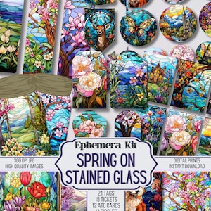 Frühling auf Glasmalerei Junk Journal Ephemera Kit, Tickets, ATC, Tags, Tasche, Scrapbook Versorgung, 69 digitale Elemente, Digital, Printable