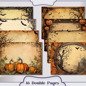 May include: Set of 16 double-sided printable scrapbook paper pages with a Halloween theme. The pages feature vintage-style designs with pumpkins, bats, and spooky trees in shades of brown, orange, and black.