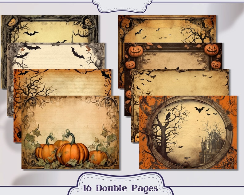 May include: Set of 16 double-sided printable scrapbook paper pages with a Halloween theme. The pages feature vintage-style designs with pumpkins, bats, and spooky trees in shades of brown, orange, and black.