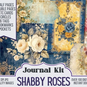 Shabby Roses Junk Journal Kit Ephemera, ATC, Tags, Pocket, Scrapbook Supply, Floral Pages, Over 100 Digital Items, Printable Journal Kit