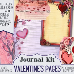 Op de afbeelding: Een digitale scrapbookingkit met een Valentijnsdagthema. De kit bevat 40 halve pagina's, 28 dubbele pagina's, 16 ATC-kaarten, 11 cirkels, 26 labels, 4 bladwijzers en 2 zakjes. De kit bevat ook meer dan 100 digitale items en is beschikbaar voor directe download.