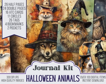 May include: A digital journal kit with a Halloween theme featuring illustrations of animals wearing witch hats. The kit includes 26 half pages, 24 double pages, 16 ATC cards, 11 circles, 26 tags, 4 bookmarks, and 2 pockets. The text "Journal Kit HALLOWEEN ANIMALS" is displayed on the image.