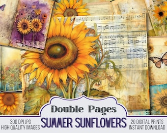 Summer Sunflowers Vintage Junk Journal Paper, Journal Scrapbook Supply - 20 Floral Style Junk Journal Kit - Ephemera, Vintage, Printable