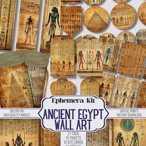 古代エジプトのクラフトペーパージャンクジャーナルエフェメラキット、チケット、ATC、タグ、ポケット、スクラップブック用品、69個のデジタルアイテム、デジタル、印刷可能
