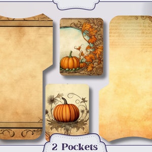 May include: Two printable pockets with a fall theme. The pockets are decorated with a vintage look and feature images of pumpkins and fall leaves. The text "2 Pockets" is printed at the bottom of the image.