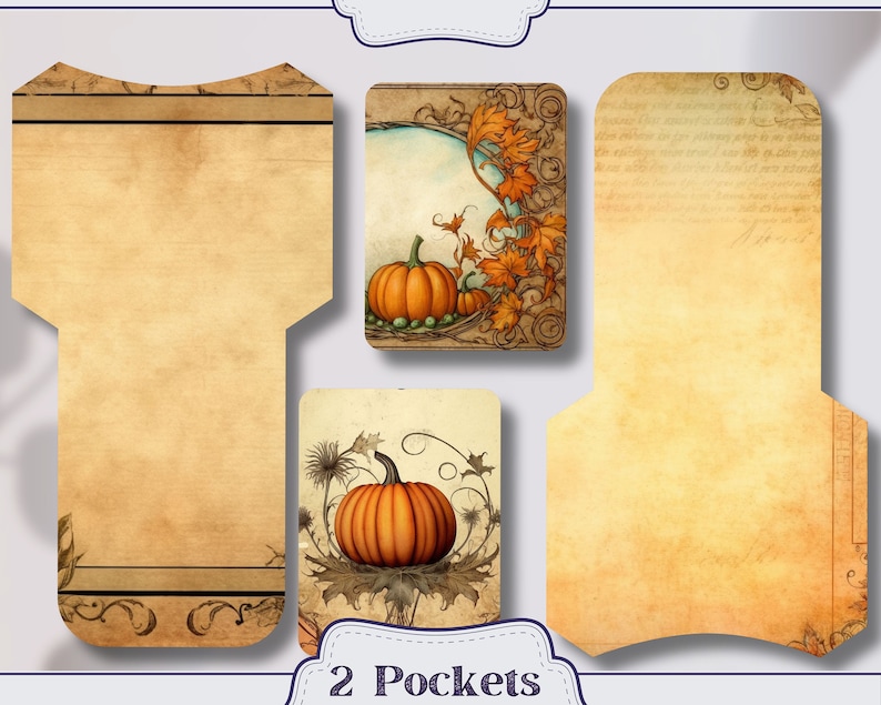 May include: Two printable pockets with a fall theme. The pockets are decorated with a vintage look and feature images of pumpkins and fall leaves. The text "2 Pockets" is printed at the bottom of the image.