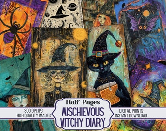 Mischievous Witchy Diary A5 Junk Journal Papers, 24 Witchcraft Printable Journal Paper, Scrapbook Supplies, Digital Download