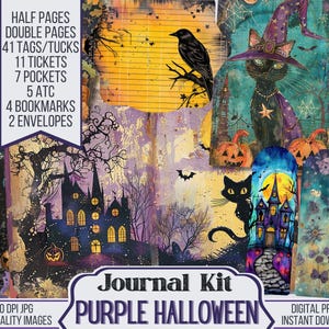 Purple Halloween Junk Journal Kit includes 40 Grungy Halloween Printable Pages & 81 Grimoire Ephemera available for Instant Download