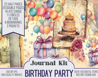 Może przedstawiać: Zestaw do scrapbookingu cyfrowego z motywem przyjęcia urodzinowego. Zestaw zawiera 22 pół strony, 20 stron podwójnych, 16 kart ATC, 11 kółek, 26 etykiet, 4 zakładki i 2 kieszenie. Zestaw zawiera kolorowy tort urodzinowy ze świeczkami, balonami i pudełkiem na prezent. Na obrazku widnieje tekst "Journal Kit Birthday Party".