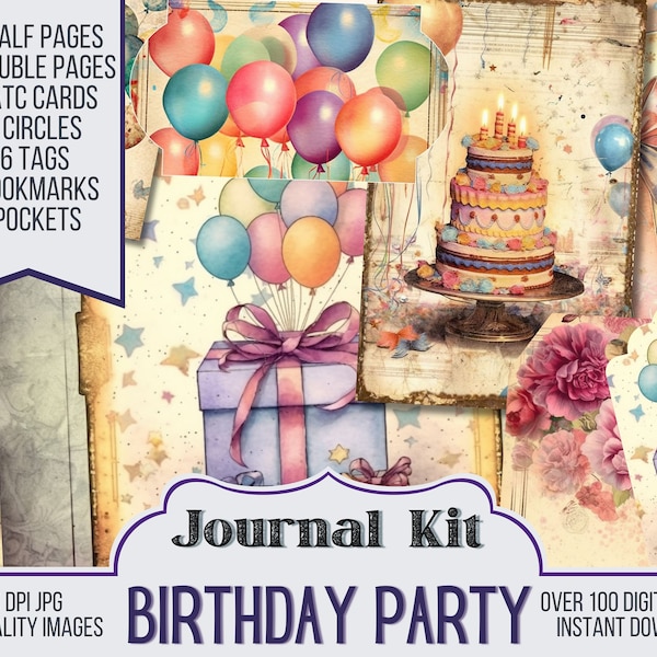 Birthday Party Junk Journal Kit Ephemera, ATC, Tags, Pocket, Journal Scrapbook Supply - 42 Junk Journal Pages, Digital Download