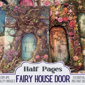 Fairy House Door Entry Vintage Junk Journal Halve Pagina's, Journal Scrapbook Supply - 24 Fairy Style Junk Journal Pages, kortstondige, vintage pagina