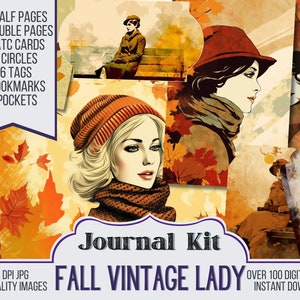 May include: A digital scrapbook kit with a fall theme featuring vintage ladies in autumnal colors. The kit includes 26 half pages, 22 double pages, 16 ATC cards, 11 circles, 26 tags, 4 bookmarks, and 2 pockets. The kit is available for instant download.