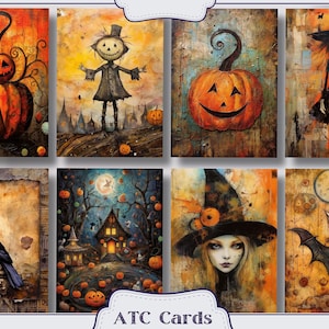 K&ouml;nnte beinhalten: Ein Set aus acht Halloween-Karten im ATC-Format mit verschiedenen gruseligen Figuren und Bildern, darunter ein Vogelscheuche, eine Hexe, ein K&uuml;rbis, ein Rabe und eine Fledermaus. Die Karten sind in einem skurrilen Stil mit Vintage-&Auml;sthetik gemalt.