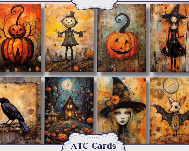 K&ouml;nnte beinhalten: Ein Set aus acht Halloween-Karten im ATC-Format mit verschiedenen gruseligen Figuren und Bildern, darunter ein Vogelscheuche, eine Hexe, ein K&uuml;rbis, ein Rabe und eine Fledermaus. Die Karten sind in einem skurrilen Stil mit Vintage-&Auml;sthetik gemalt.