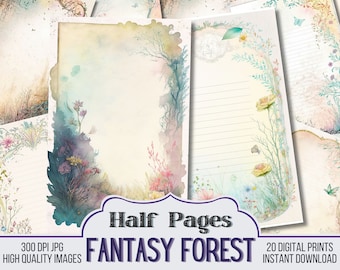 May include: 20 digital printable half pages featuring a watercolor fantasy forest design with a light blue, pink, and green color scheme. The text "Half Pages Fantasy Forest" is in the center of the image.