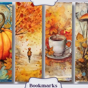 K&ouml;nnte beinhalten: Vier Lesezeichen zum Thema Herbst mit Aquarell-Illustrationen. Das erste Lesezeichen zeigt einen gro&szlig;en orangefarbenen K&uuml;rbis mit Herbstbl&auml;ttern. Das zweite Lesezeichen zeigt ein Kind, das mit dem Fahrrad einen Weg entlangf&auml;hrt, der mit Herbstbl&auml;ttern ges&auml;umt ist. Das dritte Lesezeichen zeigt eine dampfende Tasse Kaffee auf einem Unterteller mit Herbstbl&auml;ttern im Hintergrund. Das vierte Lesezeichen zeigt einen Pilz mit einem wei&szlig;en Stiel und einem braunen Hut vor einem Hintergrund aus Herbstbl&auml;ttern und einer Birke.