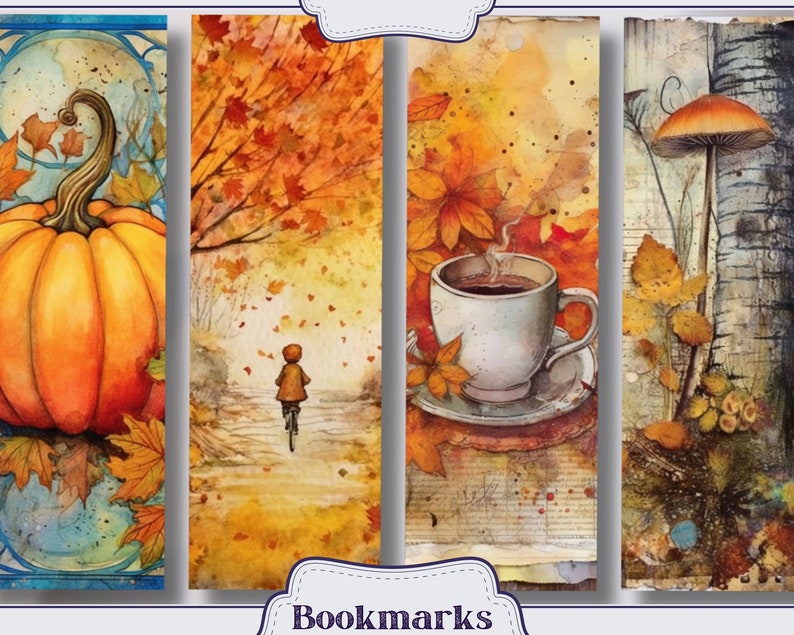 K&ouml;nnte beinhalten: Vier Lesezeichen zum Thema Herbst mit Aquarell-Illustrationen. Das erste Lesezeichen zeigt einen gro&szlig;en orangefarbenen K&uuml;rbis mit Herbstbl&auml;ttern. Das zweite Lesezeichen zeigt ein Kind, das mit dem Fahrrad einen Weg entlangf&auml;hrt, der mit Herbstbl&auml;ttern ges&auml;umt ist. Das dritte Lesezeichen zeigt eine dampfende Tasse Kaffee auf einem Unterteller mit Herbstbl&auml;ttern im Hintergrund. Das vierte Lesezeichen zeigt einen Pilz mit einem wei&szlig;en Stiel und einem braunen Hut vor einem Hintergrund aus Herbstbl&auml;ttern und einer Birke.