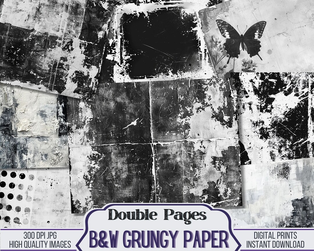 Black and White Grungy Paper Junk Journal Double Papers, Scrapbook ...