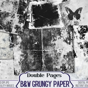 Zwart-wit grungy papier ongewenste dagboek dubbele papieren, plakboekvoorraad - 16 zwart-wit stijl ongewenste dagboekpagina's, digitale download
