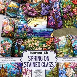 Frühling auf Stained Glass Junk Journal Kit Ephemera, ATC, Tags, Tasche, Scrapbook Versorgung, über 100 digitale Artikel, Digital, Printable