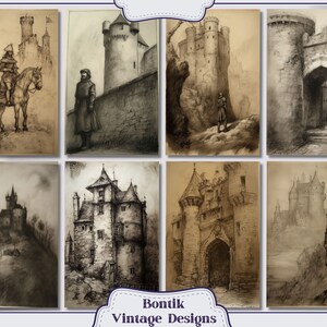 May include: A collection of eight vintage drawings of castles and fortresses in various styles. The drawings are done in black and white and have a textured, aged look. The drawings are titled "Bontik Vintage Designs".