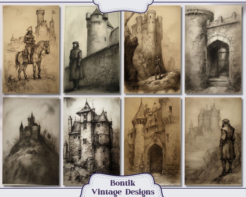 May include: A collection of eight vintage drawings of castles and fortresses in various styles. The drawings are done in black and white and have a textured, aged look. The drawings are titled "Bontik Vintage Designs".