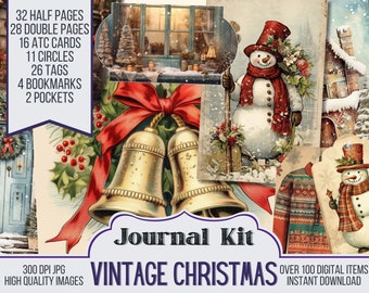Vintage Christmas Junk Journal Kit Ephemera, ATC, Tags, Pocket, Scrapbook Supply, Christmas, Over 100 Digital Items, Xmas Printable