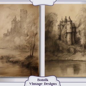 May include: Two pencil drawings of castles in a landscape setting. The first drawing shows a large castle on a hill overlooking a river. The second drawing shows a smaller castle in a forest setting.