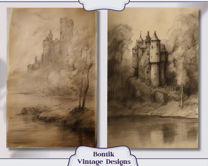 May include: Two pencil drawings of castles in a landscape setting. The first drawing shows a large castle on a hill overlooking a river. The second drawing shows a smaller castle in a forest setting.
