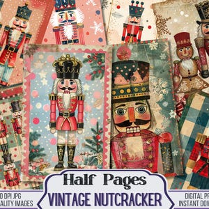 Puede incluir: Un conjunto de imágenes de cascanueces vintage imprimibles digitalmente. El conjunto incluye imágenes de cascanueces en rojo, azul y verde con detalles dorados. Las imágenes son perfectas para manualidades, scrapbooking y otros proyectos creativos.